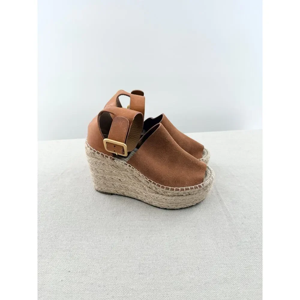 Chloe Suede and Leather Ankle Strap Espadrille Wedge Sandals Brown Women's EU 35
